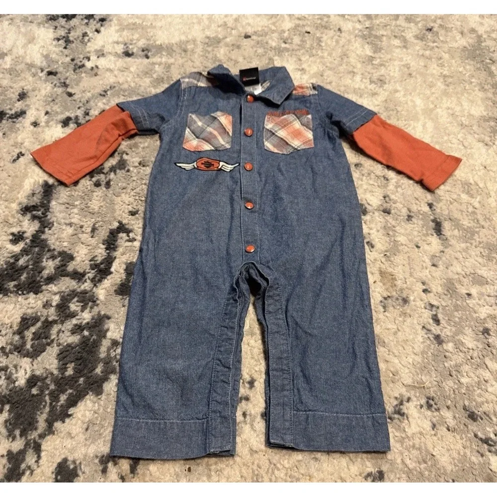 Harley Davidson Romper One Piece Boys 6-9 Months 6M/9M Blur Chambray Coverall